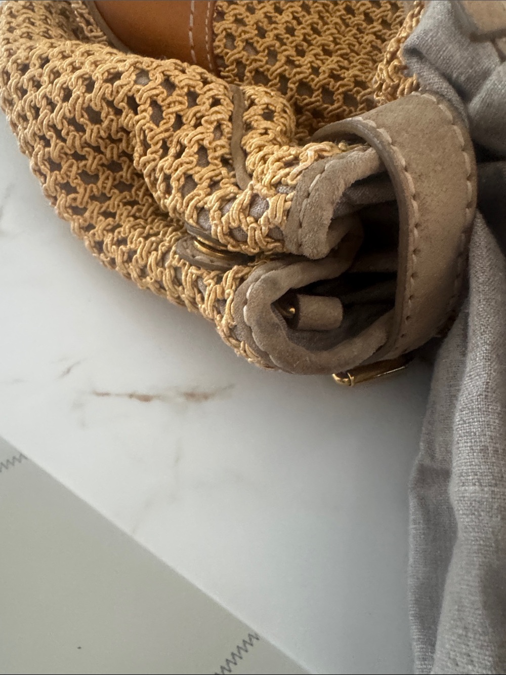Prada Yellow Crochet Shoulder Bag with Taupe Leather Trim and shopping bag - Picture 13 of 16